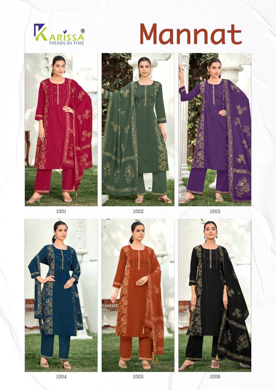  MANNAT By KARISSA 1001 To 1006 Series Beautiful Festive Suits Colourful Stylish pure heavy Bombay cotton dresses At Wholesale Price